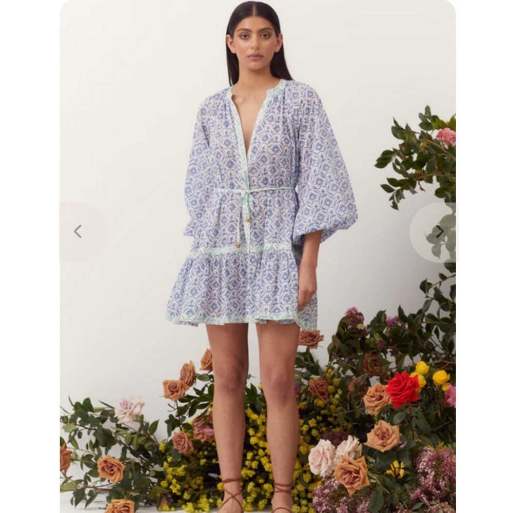 Hannah Artwear Blue Floral Cotton Block Print Mini‎ Dress Puff Sleeve Size 0